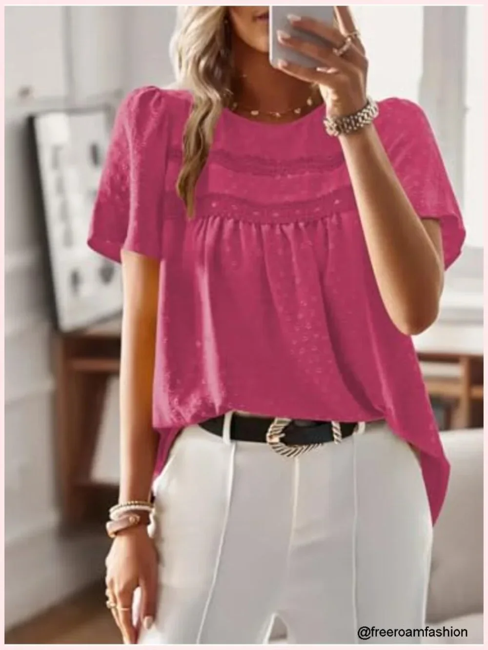 Swiss Dot Chiffon Babydoll Blouse Short Sleeve Tunic Top
